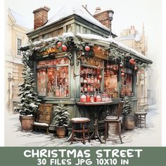 an old fashioned christmas street shop with decorations