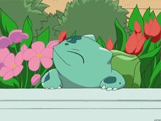 a cartoon character laying in the grass next to some flowers and plants with one animal looking at it