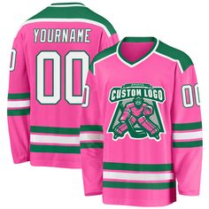 a pink hockey jersey with the name and number on it, that says custom logo