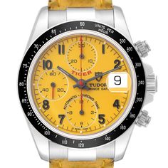 Tudor Tiger Woods Prince Yellow Dial Steel Mens Watch 79260 Box Papers. Automatic self-winding movement with chronograph function. Stainless steel oyster case 40.0 mm in diameter. Tudor logo on a crown. Black tachymeter bezel. Scratch resistant sapphire crystal with cyclops magnifier. Yellow dial with Arabic numerals. Luminous baton hands. Three chronograph subdials -- small seconds, 30 minute, and 12 hour counters. Date window at 3 o'clock aperture. Yellow leather strap with stainless steel dep Modern Yellow Chronograph Watch With Tachymeter, Timeless Yellow Chronometer Watch, Timeless Yellow Watch With Chronometer, Yellow Chronograph Watch For Formal Occasions, Yellow Watch With Subdials And Round Dial, Formal Yellow Chronograph Watch, Modern Yellow Chronograph Watch With Subdials, Yellow Chronograph Watch With Tachymeter, Yellow Watch With Tachymeter And Round Dial