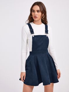 Navy Blue Preppy  Sleeveless Corduroy,Polyester Plain Pinafore Embellished Non-Stretch Spring/Fall Women Dresses Black Preppy, Plaid Bodycon Dress, Corduroy Dungarees, Blue Skater Dress, Black Jumper Dress, Solid Sweaters, Style Preppy, Dope Fashion, Pinafore Dress