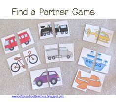 some pictures of different vehicles and trucks on the floor with words that read find a partner game