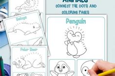 the penguin and penguinie coloring pages are shown with pencils in front of them