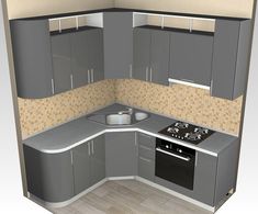 a 3d image of a kitchen with grey cabinets and white counter tops, including a stove top oven