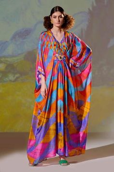 Shop for Rajdeep Ranawat Multi Color Imama Silk Printed Kaftan for Women Online at Aza Fashions Rajdeep Ranawat, Silk Painting Techniques, Beaded Sleeves, Placement Embroidery, Kimono Kaftan, White Kaftan, Kaftan For Women, Kaftan Tunic, Printed Kaftan