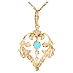 Crafted in 15 carat gold, The Genevieve Pendant & Chain is a vibrant jewel. Her stunning blue turquoise imagines the rich seas of the Maldives with the sun dancing upon it's surface. She is the perfect gift for someone special. The Elwyn Pendant & Chain Gem Details The round turquoise cabochon measures approximately 4.8 millimetres. The white seed pearls measure approximately 1.0-2.5 millimetres.   Size The pendant measures approximately 42x25 millimetres, and the length of the chain is approxim Seed Pearl Jewelry, The Maldives, Bleu Turquoise, Seed Pearl, Dream Jewelry, Blue Turquoise, Vintage Jewellery, Free Jewelry, Pearl Jewelry