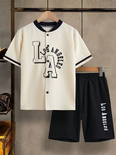 Black and White Preppy  Short Sleeve Polyester Letter  Embellished Slight Stretch  Boys Clothing White Jacket Outfit, Baseball Jacket Outfit, Awesome Shirt Designs, Polo Shirt Outfits, Preppy Shorts, Shirt Logo Design