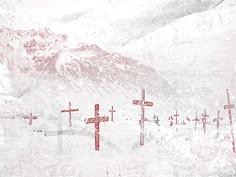 a painting of crosses in the snow with mountains in the background