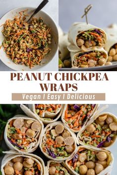 several wraps filled with vegetables and chickpea are shown in this collage,