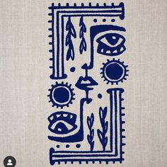 an image of a blue and white design on a linen bag with the words,'eye