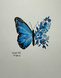 a drawing of a blue butterfly with flowers