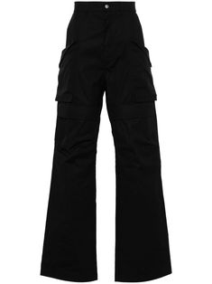 black stretch-cotton straight leg belt loops two diagonal pockets to the sides multiple cargo pockets two rear flap pockets front button and zip fastening Black Pants With Flap Pockets For Workwear, Black Workwear Pants With Flap Pockets, Techwear Straight Cargo Pants For Work, Techwear Cargo Pants For Work, Functional Cargo Pants With Multiple Pockets For Work, Black Straight Leg Parachute Pants With Flap Pockets, Functional Straight Leg Pants With Cargo Pockets, Techwear Cargo Pants With Flap Pockets For Workwear, Black Cargo Pants With Pockets For Work