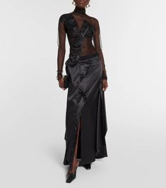 Атласная макси-юбка с бантом черного цвета - Acne Studios | Митереза Evening Maxi Dress With Voluminous Long Skirt, Chic Evening Ruched Skirt, Chic Ruched Evening Skirt, Chic Evening Skirt With Ruched Details, Glamorous Fitted Draped Skirt For Evening, Floor-length Satin Skirt For Gala, Flowy Silk Maxi Skirt For Party, Chic Evening Maxi Skirt, Ruched Satin Skirt For Night Out