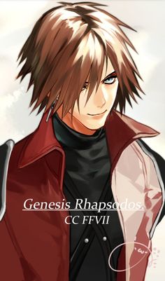 an anime character with blonde hair and black clothes, wearing a red jacket that says gensis rhapsdoss c fyi