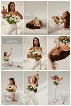 a woman in white poses with flowers on her head and hands up to the side