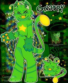 an image of a green cat with stars on it's chest and the words gnary