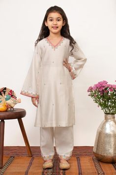 Buy Ivory Chanderi Silk Embroidered Floral Placed Kurta Pant Set For Girls by Boteh Online at Aza Fashions. Off White Raw Silk Sets For Eid, Off White Embroidered Sets For Eid, Cream Embroidered Palazzo Set For Eid, Cream Sets With Embroidered Border For Eid, Kurta Pant Set, Festive Wedding, Runway Trends, Kurta With Pants, Girl Online