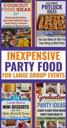 an advertisement for a party with different food items and words on the back ground,