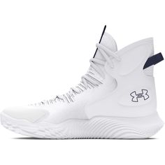 the under armour basketball shoe is white and has black accents on the upper half of the shoe