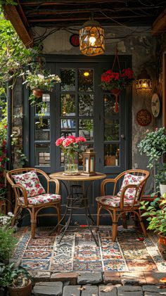 two chairs sitting at a table in the middle of a patio with potted plants