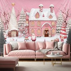 a pink christmas themed living room with santa's house and candy canes on the wall