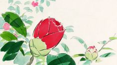 a painting of a red flower on a white background with green leaves and pink flowers