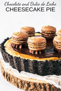 chocolate and dulce de leche cheesecake pie on top of a cake plate