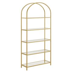 a gold shelf with three shelves on each side and an arched glass shelf above it