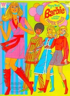 an advertisement for barbie paper dolls with three women dressed in dresses and high heeled boots