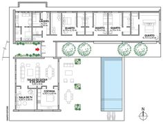 the floor plan for an office building, with several rooms and two bathrooms on each side