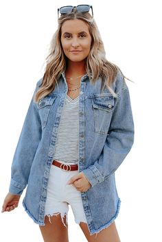 Sky Blue Pocket Raw Hem Buttoned Denim Jacket Denim Shacket, Special Event Dresses, Oversized Denim Jacket, Denim Cotton, Denim Jackets, Women Clothing Boutique, Event Dresses, Outerwear Women, Online Womens Clothing