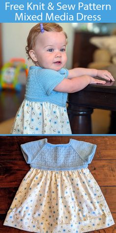 a baby girl wearing a blue dress with stars on it and the words free knit & sew pattern mixed media dress