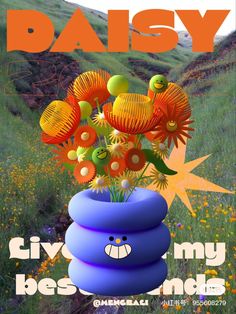 there is a blue vase with flowers in it and the words daisy written on it