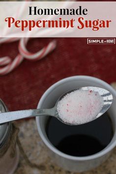 homemade peppermint sugar in a cup with a spoon