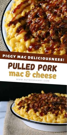 pulled pork mac and cheese on a plate with text overlay that says piggy mac and cheese