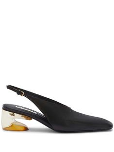 black calf leather square toe buckle-fastening slingback strap branded insole mid sculpted heel