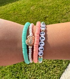 Beach bracelet set. Accent beads are gold plated. Cheap Beaded Bracelets For Beach Party, Cheap Ocean-inspired Vacation Bracelets, Beach Themed Clay Bead Bracelet, Beachy Bracelets, Clay Bracelets, Beach Bracelet, Beach Bracelets, Clay Bracelet, Bracelets Set