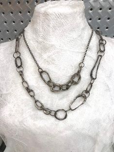 Unique Metal Chain Link Jewelry, Artisan Double Strand Silver Necklaces, Artisan Double Strand Silver Necklace, Artisan Silver Double Strand Necklace, Unique Link Chain Jewelry, Modern Jewelry With Oxidized Finish And Link Shape, Unique Chunky Chain Necklaces As Gift, Silver Double Strand Jewelry With Chunky Chain, Unique Link Necklaces For Gifts