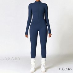 Lasaky - Long-sleeve Fleece-lined Yoga Jumpsuit, Winter Warmth, Waist-cinching Bodysuit, Same Day Shipping Stretch Long Sleeve Unitard For Workout, Long Sleeve Stretch Unitard For Workout, Long Sleeve Unitard For Gym, Fitted Long Sleeve Unitard For Yoga, Full Length Winter Unitard, Winter Full Length Unitard, Sportswear Long Sleeve Jumpsuits And Rompers For Sports, Sports Long Sleeve Jumpsuit, Athleisure Long Sleeve Stretch Unitard