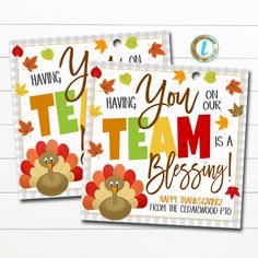 two thanksgiving cards with turkeys and leaves on them, one saying you're our team blessing