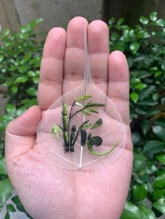 a hand holding a small piece of mesh with plants on it in front of some bushes