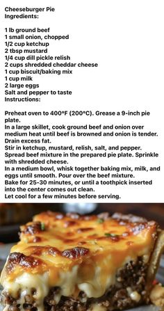 the recipe for cheeseburger pie is shown here