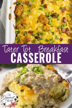 tater tot breakfast casserole on a plate with the title overlay