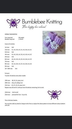 the knitting pattern for bumblebee baby booties is shown in purple and white