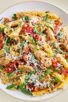 a white plate topped with pasta and chicken