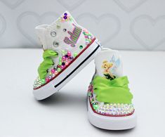 Tinkerbell Shoes, Tiana Party, Princess Tiana Party, Mickey Shoes, Kid Birthday Outfits, Shark Shoes, Tutu Dress Costumes, Bedazzled Shoes, Bling Converse