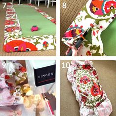 four pictures showing different ways to sew an upholstered table runner with flowers on it