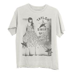 taylor swift white t - shirt with black and white graphic on the front, featuring an image of taylor swift