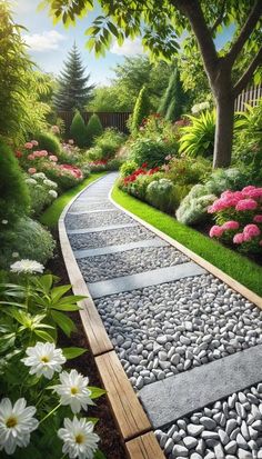 a garden with flowers and rocks on the ground, along side a path that leads to a