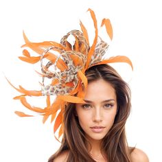 Hats By Cressida Kentucky Derby & Ascot Fascinator Hats Audrey Sinamay & Feather Fascinator Hat Gorgeous loops trimmed with coque feathers Body measures about 8 inches wide With orange headband. If you prefer a headband to match your hair, please make a note at check out what colour headband you want. This Fascinator is perfect for any special occasion like a wedding, bridal shower or ladies day at the races such as Royal Ascot, Kentucky Derby, Kentucky Oaks, and Melbourne Cup. We make each hat to order just for you, we would prefer if you did not order for choice. If colour match is important to you please ask for free fabric swatch to be sent to you - this reduces returns and disappointment.   We can also make a custom design for you if you have something else in mind.  RETURNS: We accep Fascinator Headband For Races And Carnival, Elegant Fascinator For Royal Ascot Costume Party, Elegant Fascinator For Costume Party At Royal Ascot, Elegant Headband Fascinator For Costume Party, Summer Race Day Feather Hair Accessories, Elegant Mini Hat Headband For Costume Party, Elegant Mini Hat With Headband For Costume Party, Summer Feather Headband Fascinator, Spring Fascinator For Costume Party